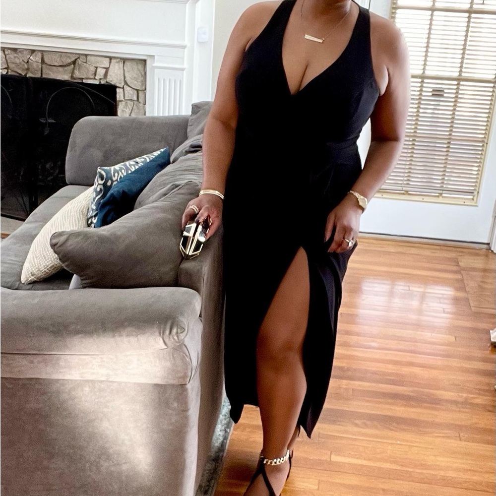 XSCAPE V-neck halter faux wrap formal black dress.
